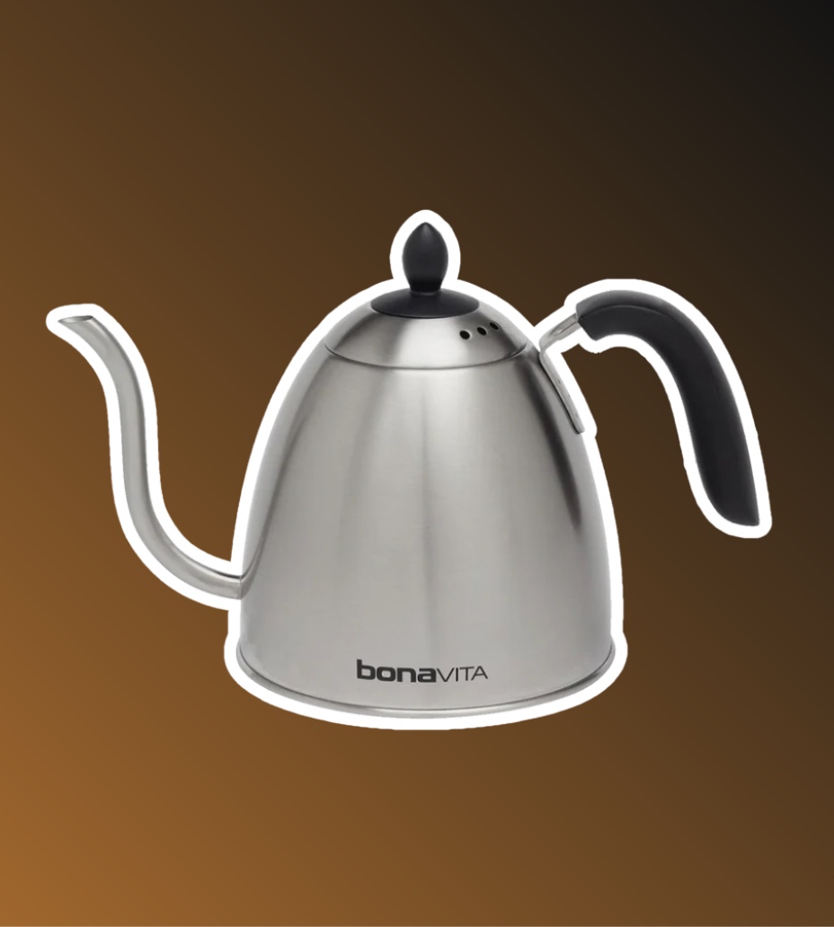 Bonavita stovetop gooseneck kettle pouring water over coffee