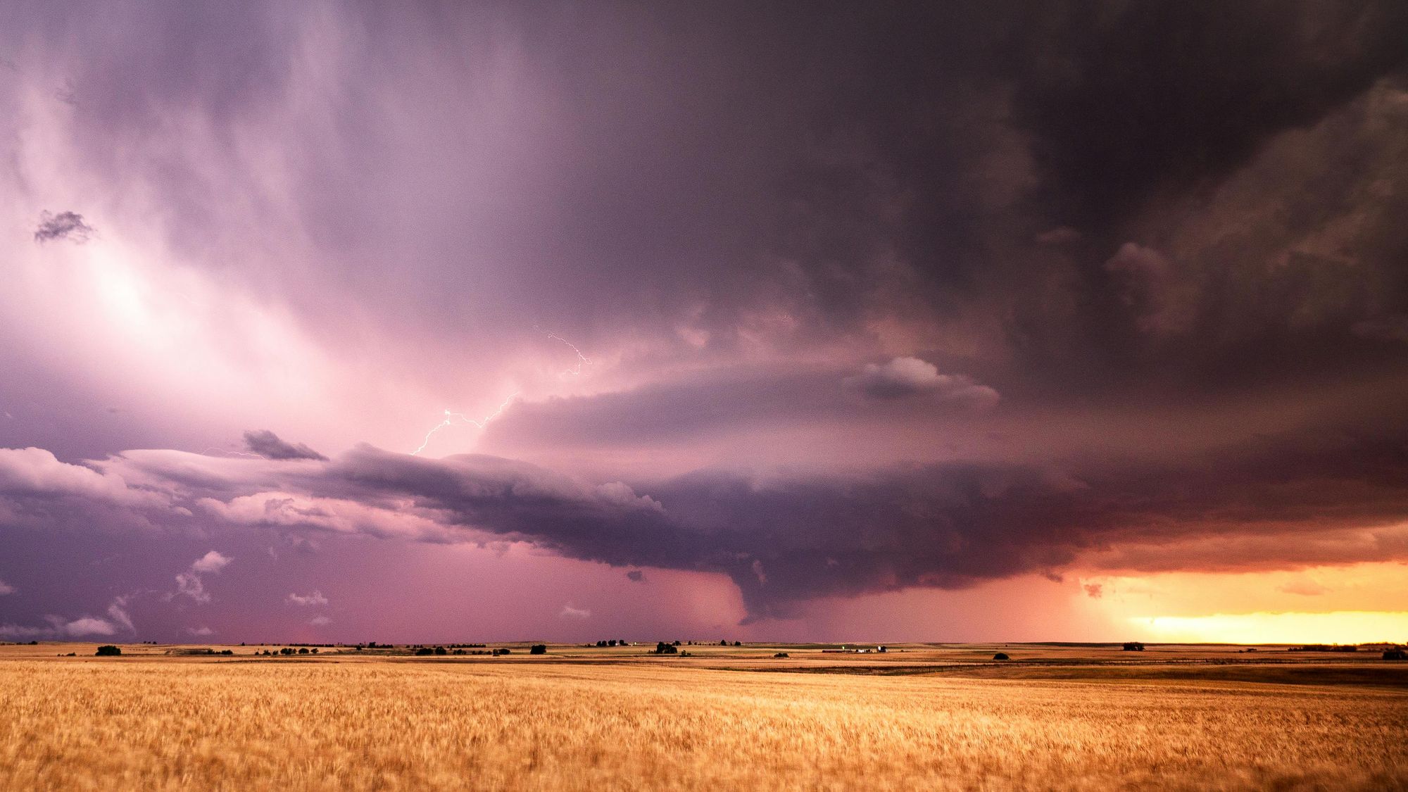 Supercell thunderstorm over wheat fields at sunset